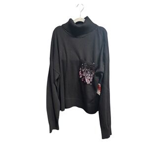 DKNY Black Turtleneck With Sequined Pocket Medium Comfy Glam Quiet Luxury